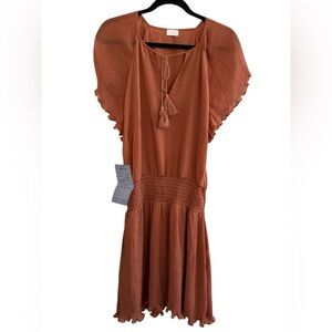Boot Barn Orange(cognac) Sundress with Smocked Waist and Flutter Sleeves